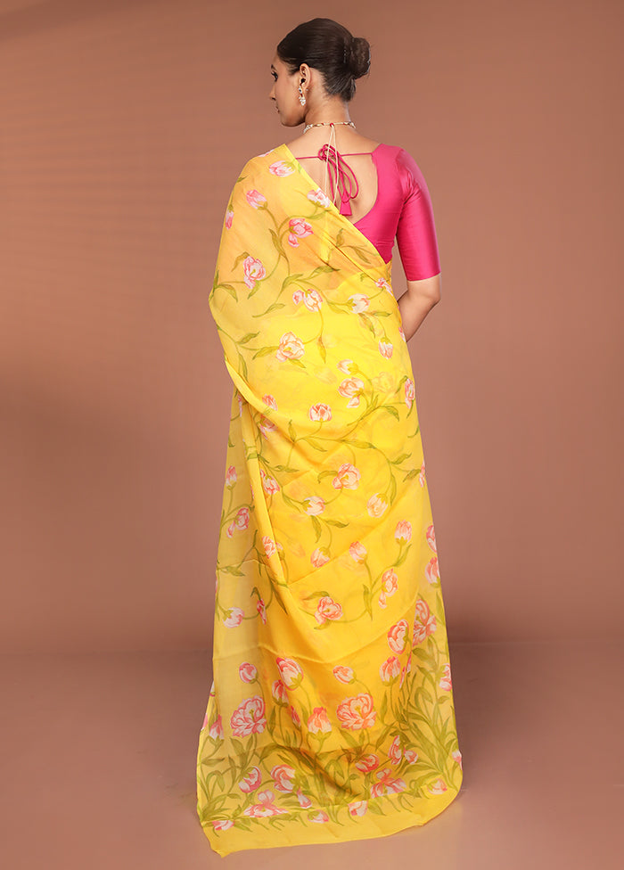 Yellow Handloom Chiffon Pure Silk Saree With Blouse Piece