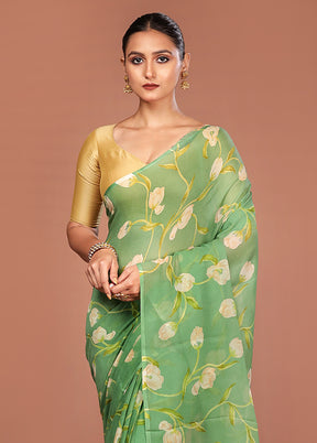 Green Handloom Chiffon Pure Silk Saree With Blouse Piece