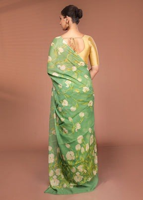 Green Handloom Chiffon Pure Silk Saree With Blouse Piece