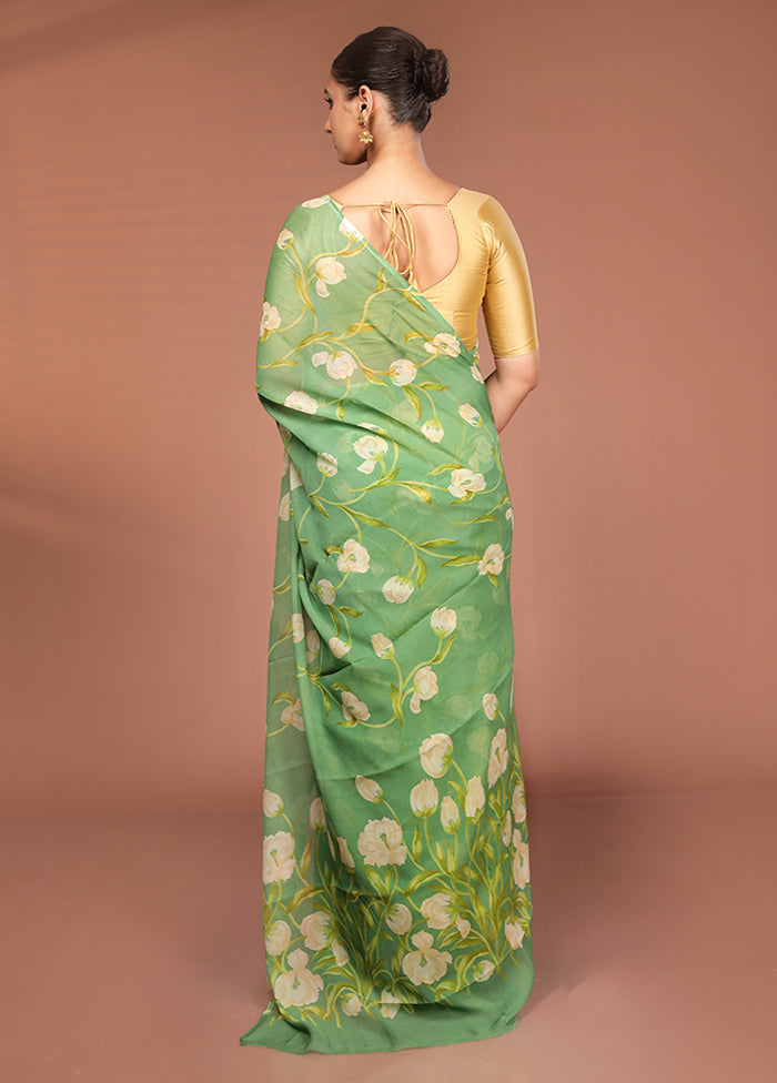 Green Handloom Chiffon Pure Silk Saree With Blouse Piece
