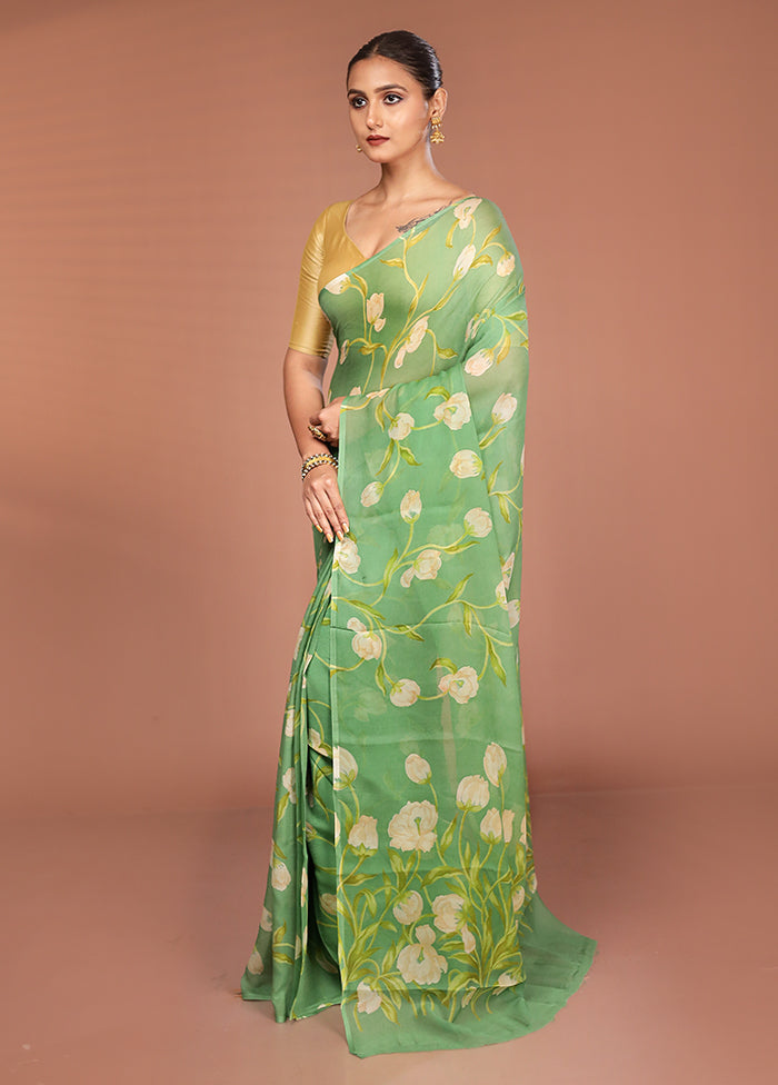 Green Handloom Chiffon Pure Silk Saree With Blouse Piece