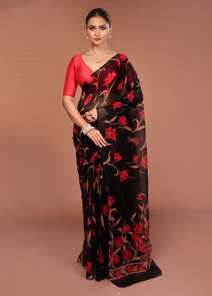 Black Handloom Chiffon Pure Silk Saree With Blouse Piece