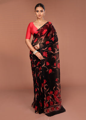 Black Handloom Chiffon Pure Silk Saree With Blouse Piece