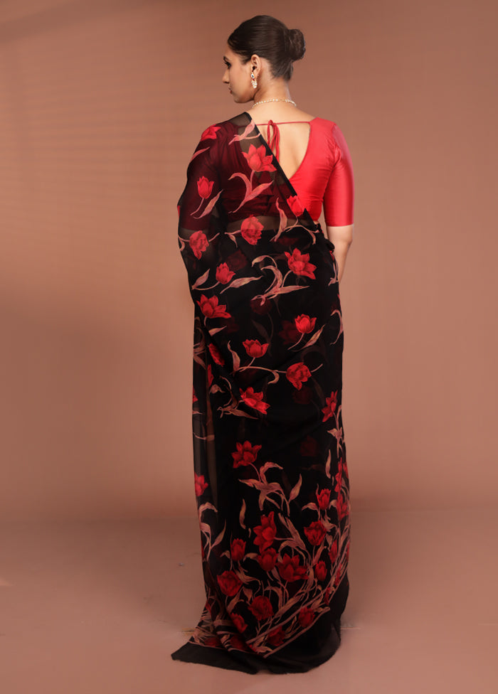 Black Handloom Chiffon Pure Silk Saree With Blouse Piece