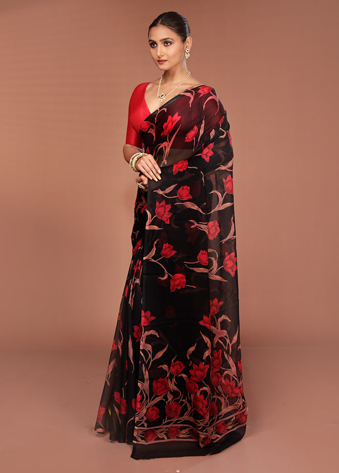 Black Handloom Chiffon Pure Silk Saree With Blouse Piece