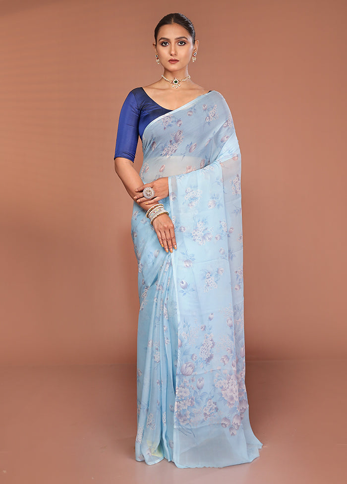 Blue Handloom Chiffon Pure Silk Saree With Blouse Piece