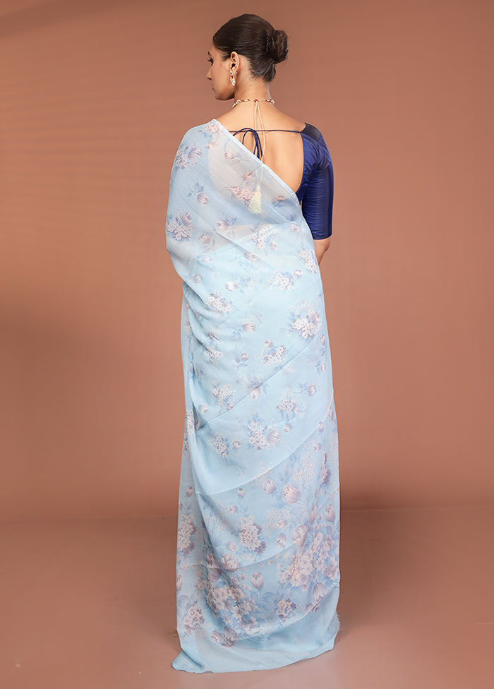Blue Handloom Chiffon Pure Silk Saree With Blouse Piece