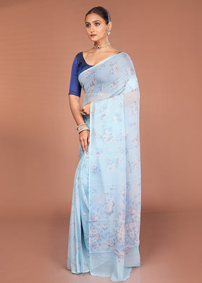 Blue Handloom Chiffon Pure Silk Saree With Blouse Piece