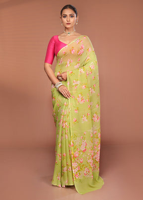 Green Handloom Chiffon Pure Silk Saree With Blouse Piece