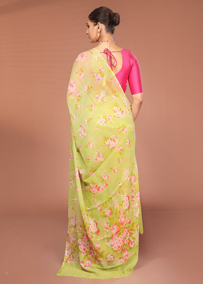 Green Handloom Chiffon Pure Silk Saree With Blouse Piece