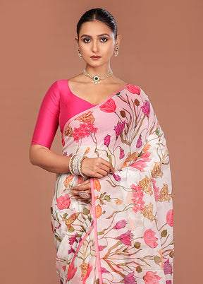 White Handloom Chiffon Pure Silk Saree With Blouse Piece