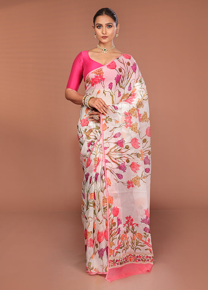 White Handloom Chiffon Pure Silk Saree With Blouse Piece