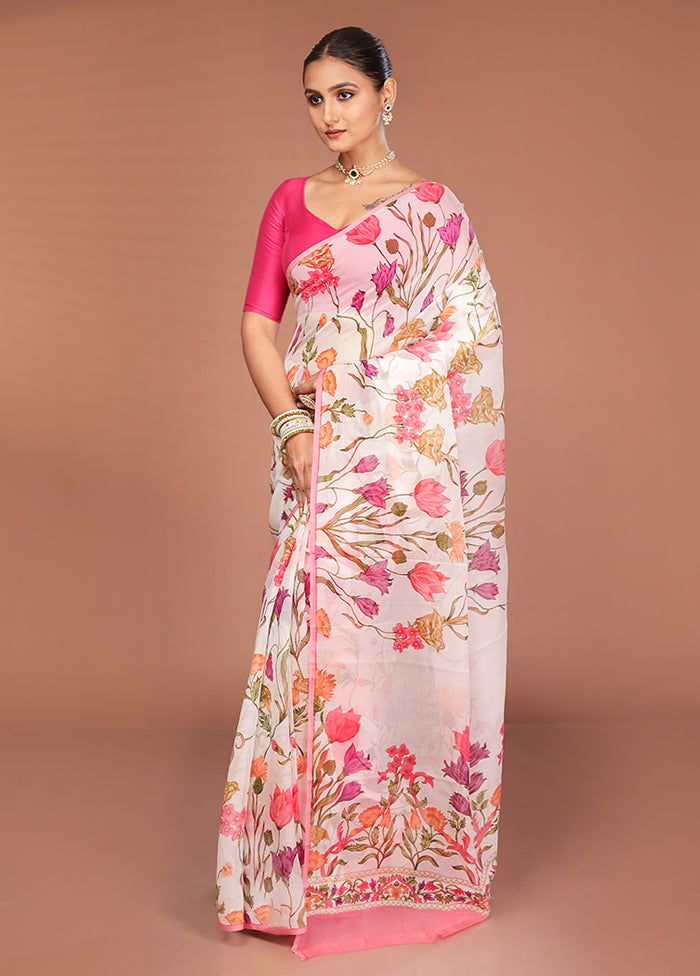 White Handloom Chiffon Pure Silk Saree With Blouse Piece