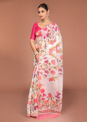 White Handloom Chiffon Pure Silk Saree With Blouse Piece