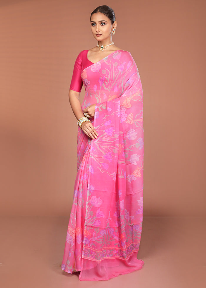 Pink Handloom Chiffon Pure Silk Saree With Blouse Piece