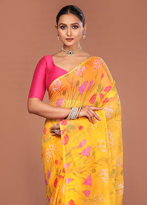 Yellow Handloom Chiffon Pure Silk Saree With Blouse Piece