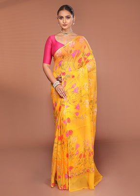 Yellow Handloom Chiffon Pure Silk Saree With Blouse Piece