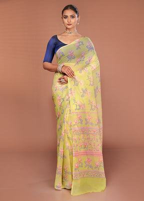 Green Handloom Chiffon Pure Silk Saree With Blouse Piece