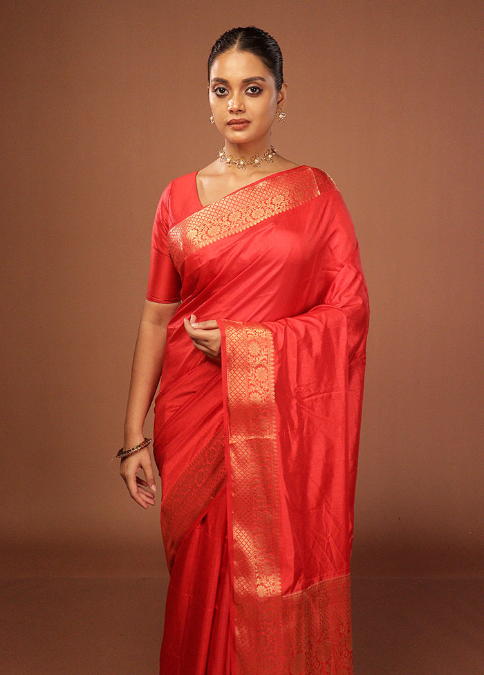 Red Dupion Silk Saree With Blouse Piece