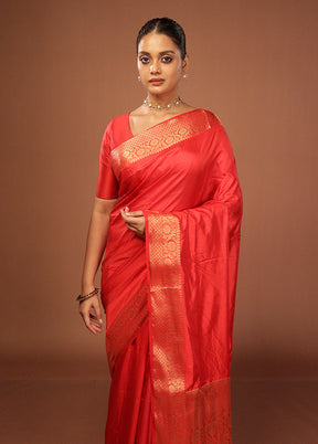 Red Dupion Silk Saree With Blouse Piece