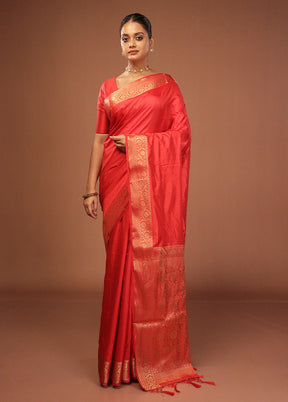 Red Dupion Silk Saree With Blouse Piece