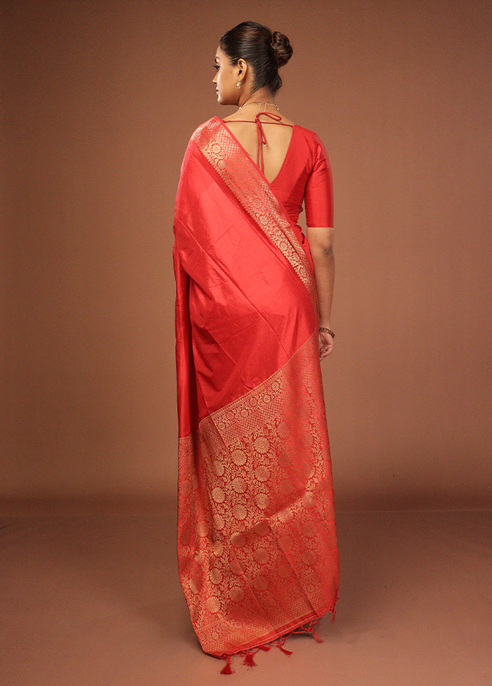 Red Dupion Silk Saree With Blouse Piece