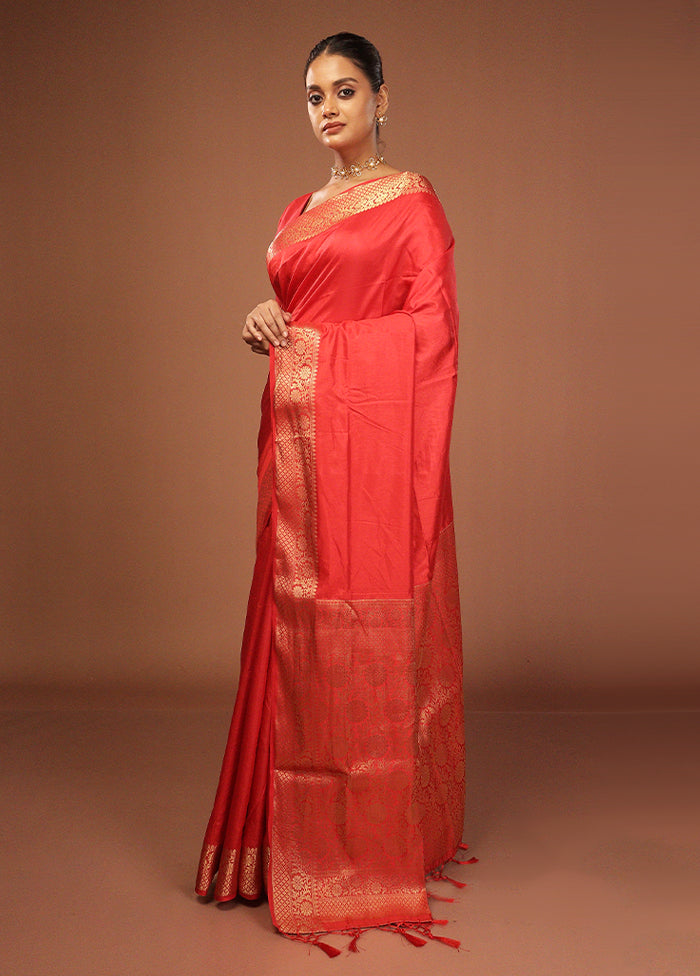 Red Dupion Silk Saree With Blouse Piece