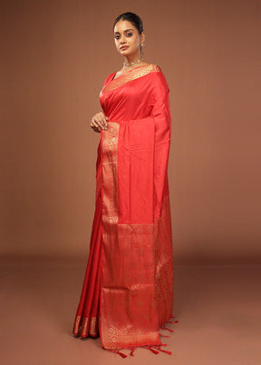 Red Dupion Silk Saree With Blouse Piece