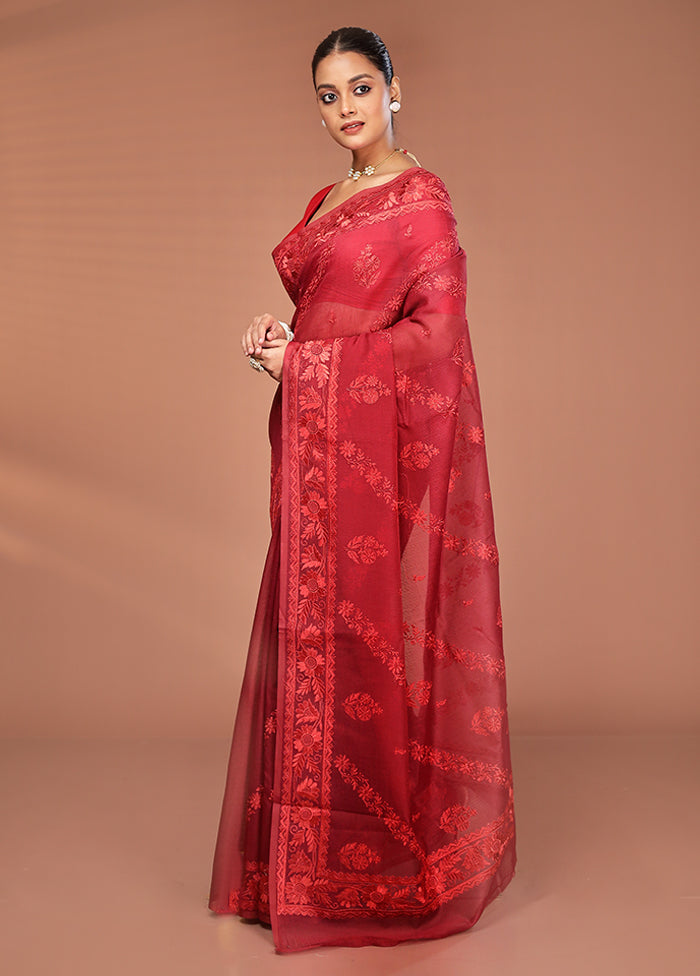 Maroon Pure Cotton Saree With Blouse Piece