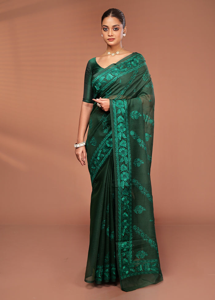 Green Pure Cotton Saree With Blouse Piece