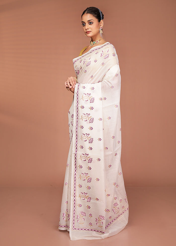 White Pure Cotton Saree With Blouse Piece