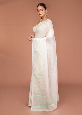 White Pure Cotton Saree With Blouse Piece