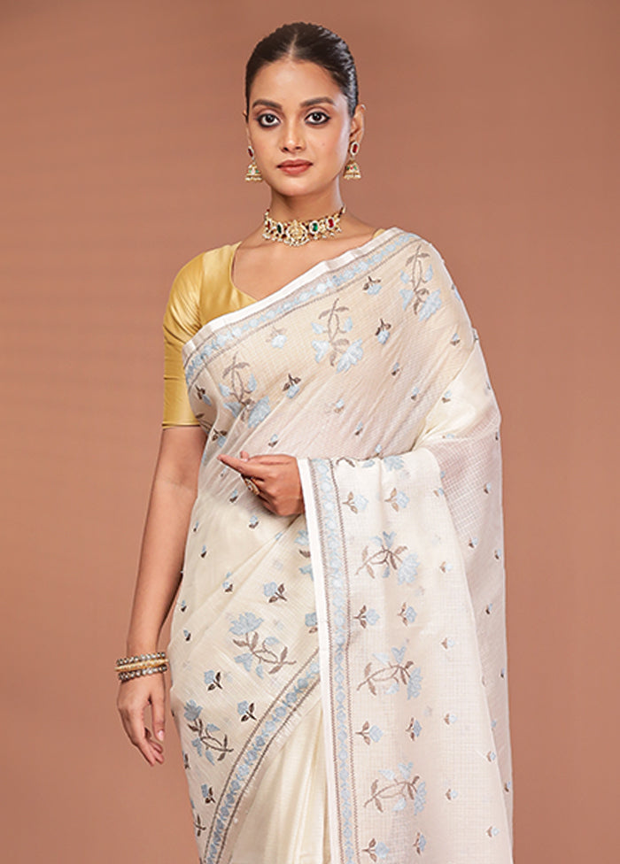 White Pure Cotton Saree With Blouse Piece