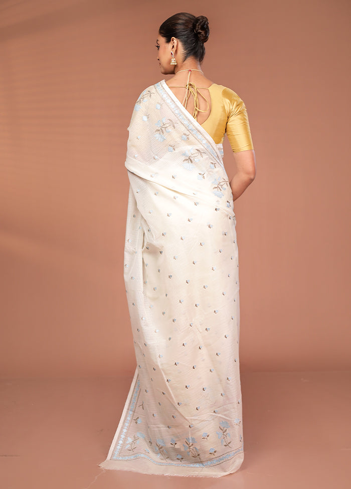 White Pure Cotton Saree With Blouse Piece