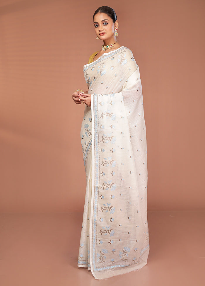 White Pure Cotton Saree With Blouse Piece
