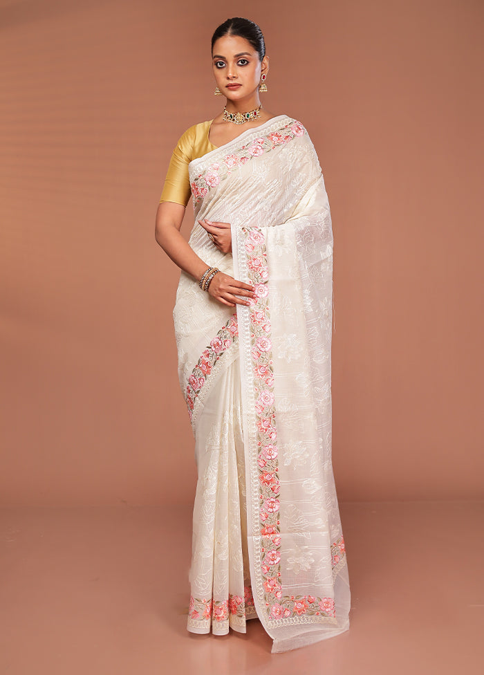 White Pure Cotton Saree With Blouse Piece
