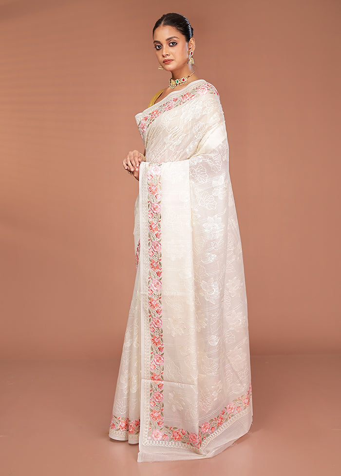 White Pure Cotton Saree With Blouse Piece