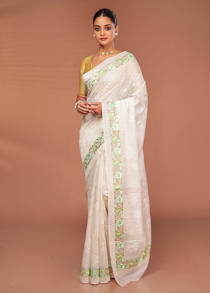 White Pure Cotton Saree With Blouse Piece