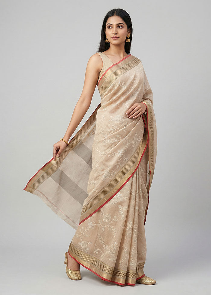 Cream Cotton Saree With Blouse Piece