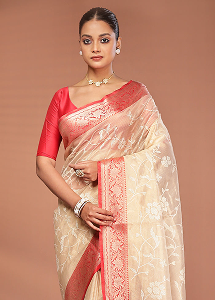 Cream Cotton Saree With Blouse Piece
