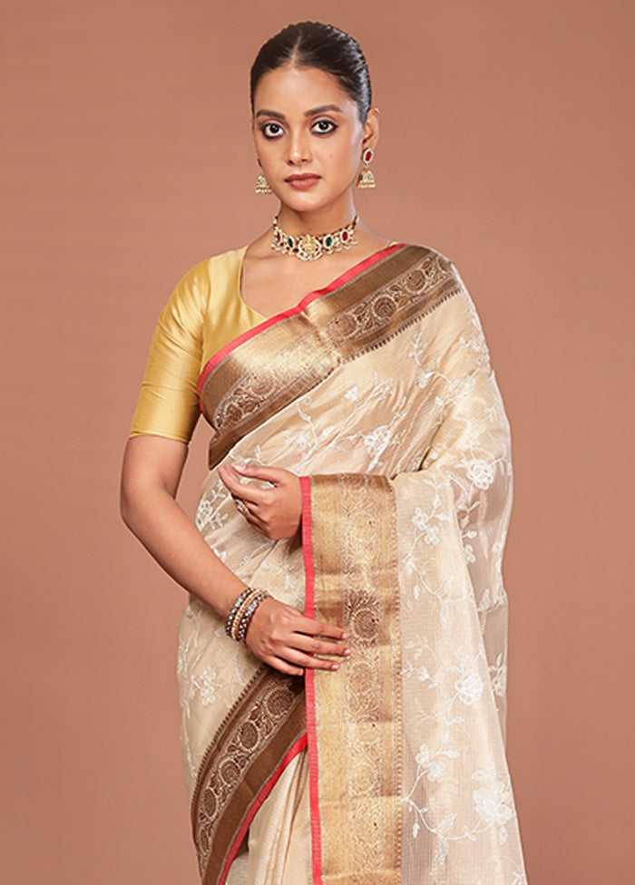Cream Cotton Saree With Blouse Piece