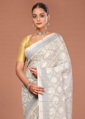 Cream Kora Silk Saree With Blouse Piece