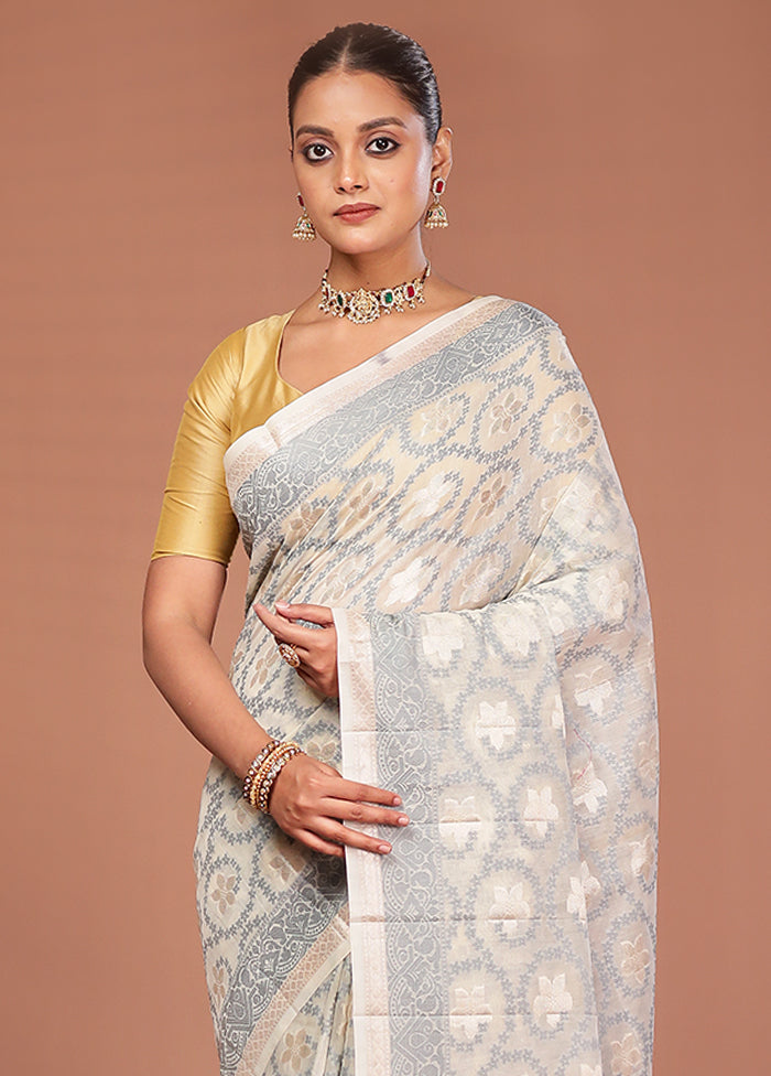 Cream Kora Silk Saree With Blouse Piece