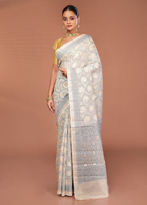 Cream Kora Silk Saree With Blouse Piece
