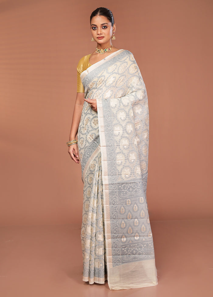 Cream Kora Silk Saree With Blouse Piece