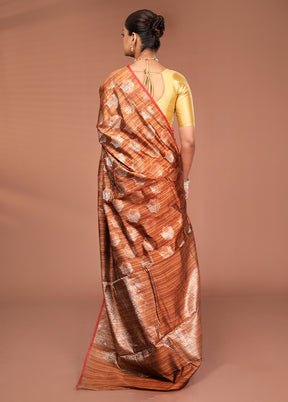 Brown Kora Silk Saree With Blouse Piece