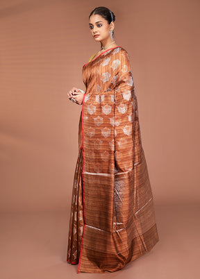 Brown Kora Silk Saree With Blouse Piece