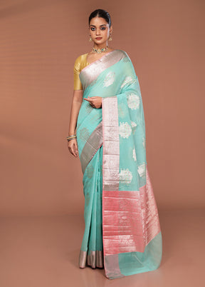 Blue Kora Silk Saree With Blouse Piece