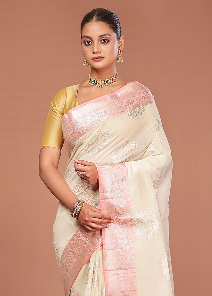 Cream Kora Silk Saree With Blouse Piece