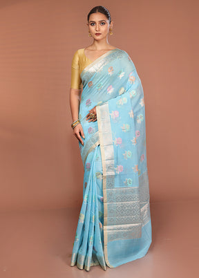 Blue Kora Silk Saree With Blouse Piece